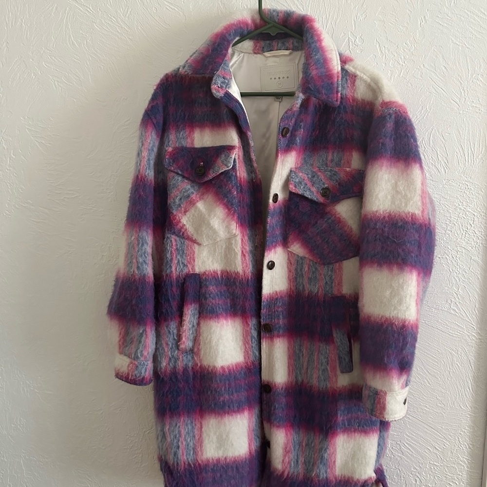 Plaid Wool-Blend Coat in Purple and White